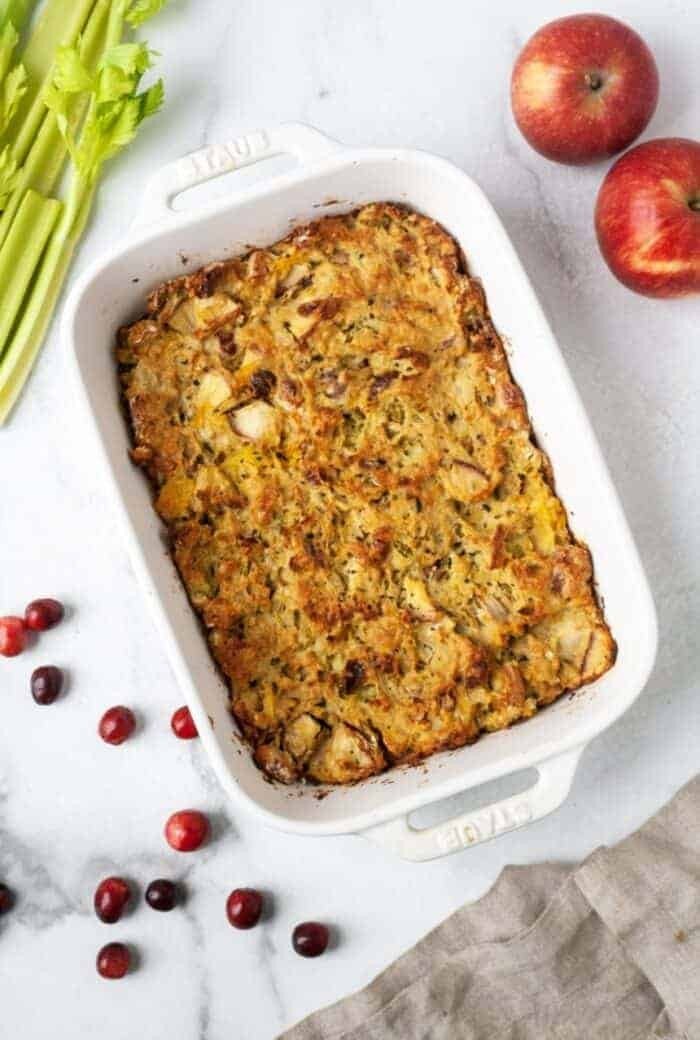 Whole30 paleo stuffing with butternut squash and apple in a casserole dish
