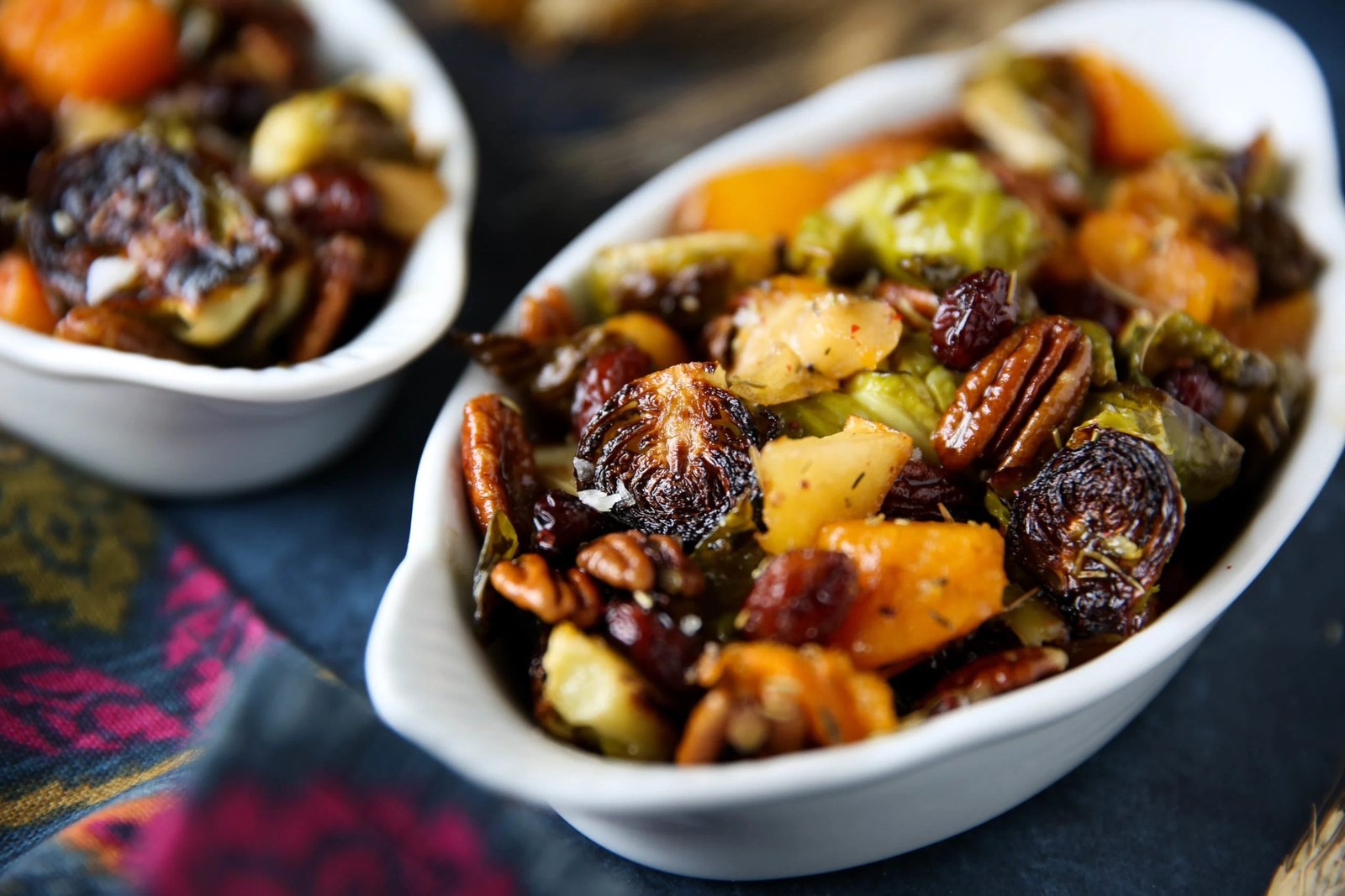 Maple roasted Brussels sprouts and butternut squash with pecans and cranberries