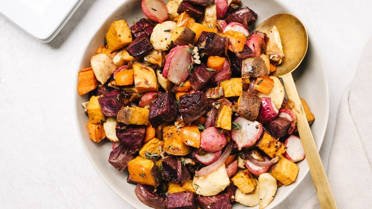 Maple roasted root vegetables with pecans and thyme